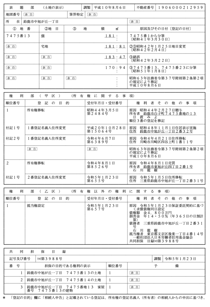 石川龍樹 不動産登記情報 〒510-0212 三重県鈴鹿市中旭が丘1-2-31